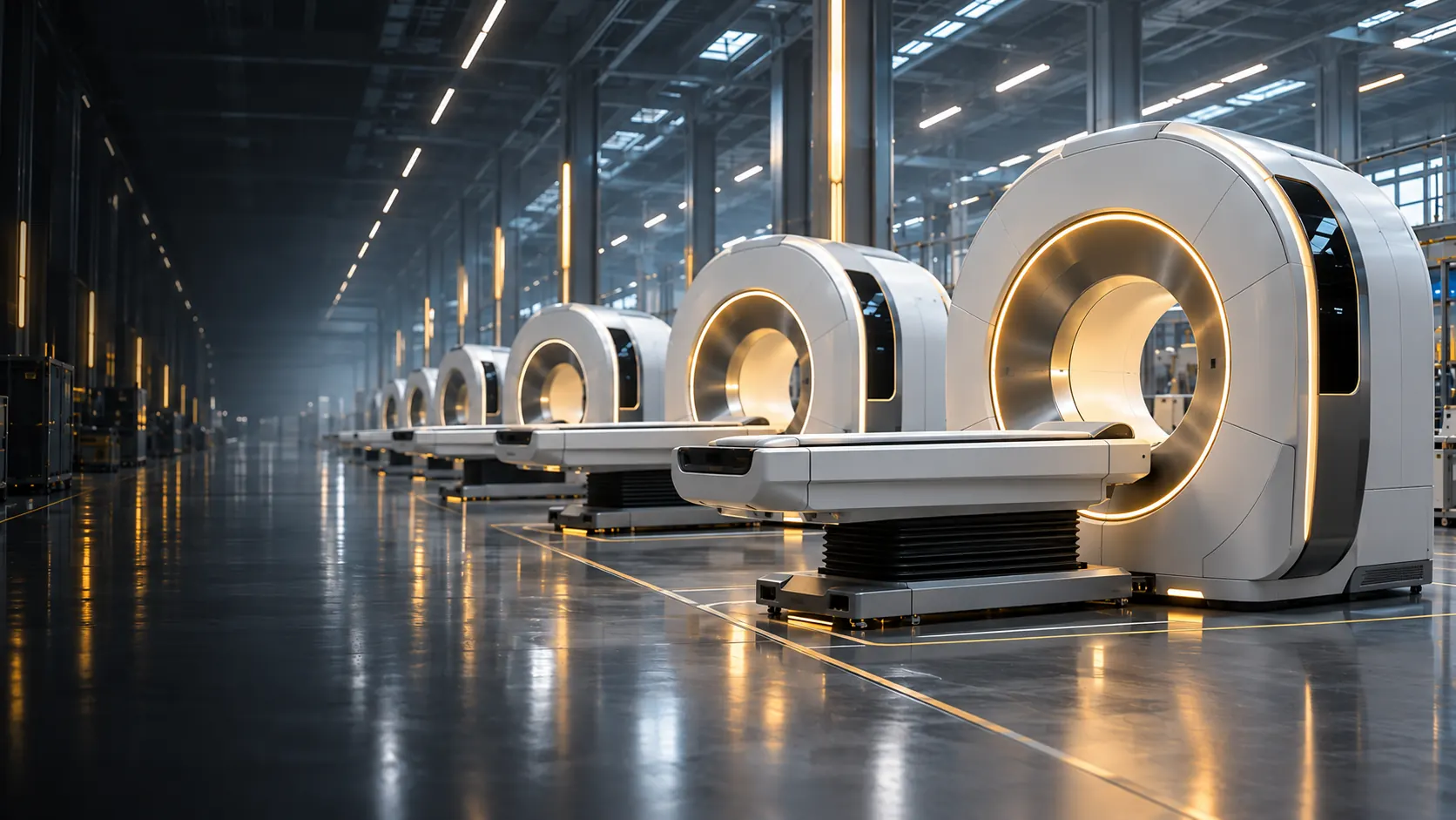 Illustration of medical imaging systems in a modern production facility